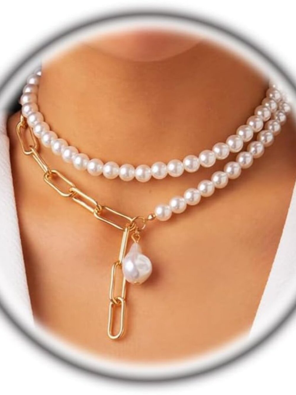 Chunky Layered Pearls Pendant Necklace Set,14K Gold Half Pearl Beaded Choker Pap